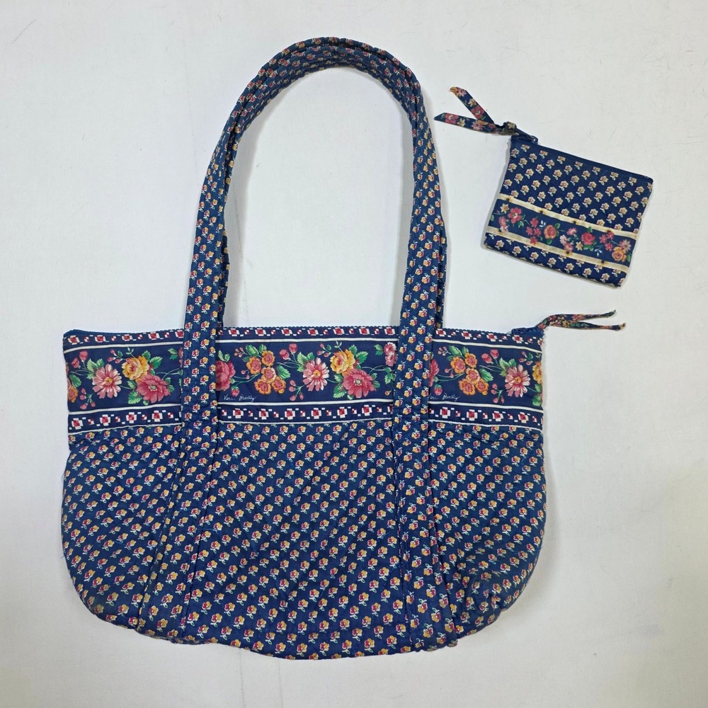 Vera Bradley Tote Bag Women Medium Blue Floral Quilted Shoulder Bag with Pouch
